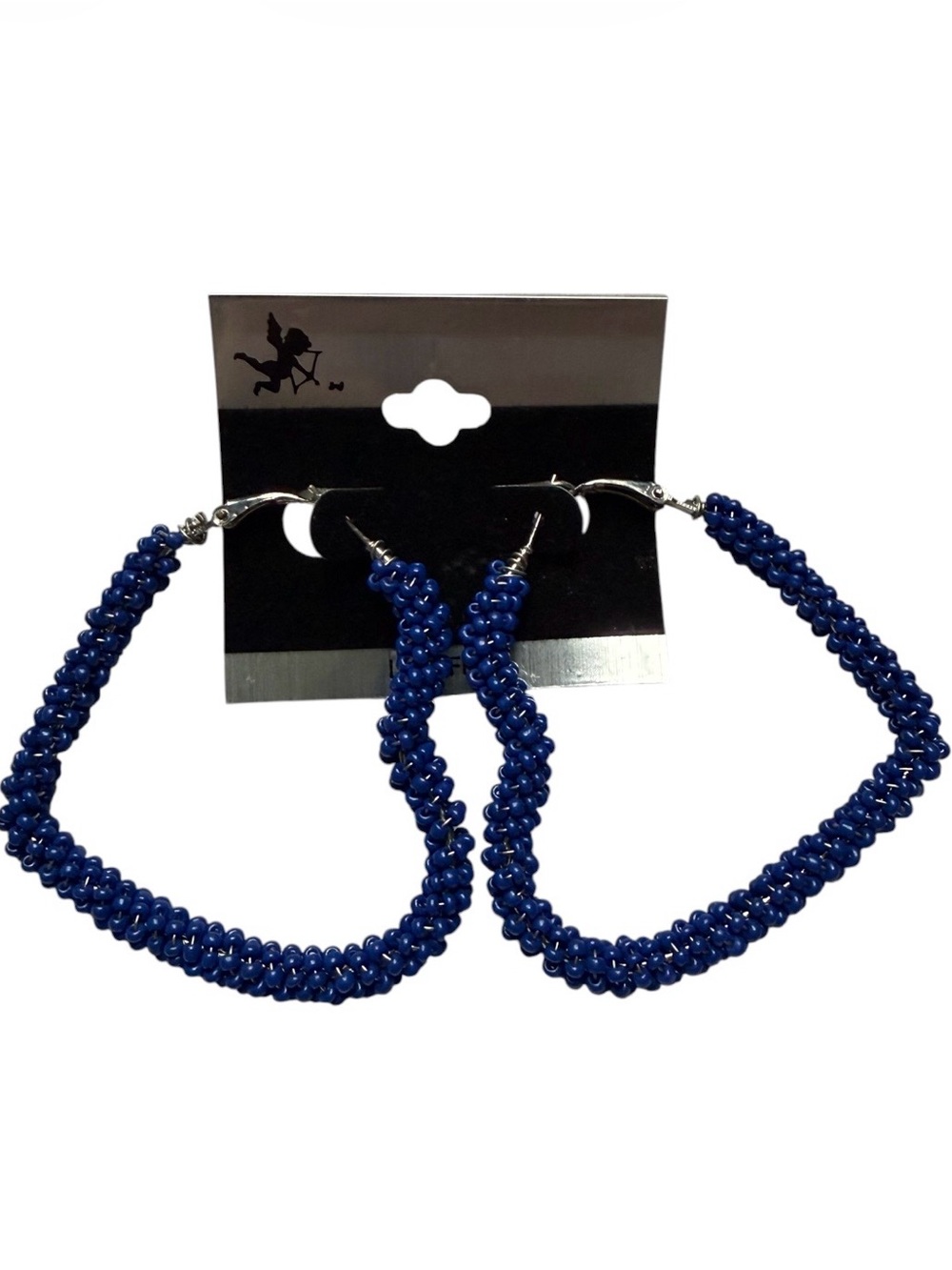 Blue Metal Bead Chained Heart Dangle Earrings
